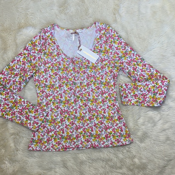 🎀 Floral Heart Button LS Hanley Top Large, Pink Yellow - Picture 3 of 12